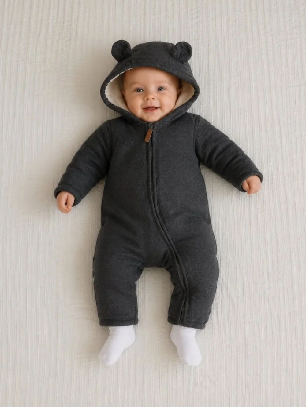 H&M Baby Hooded Sherpa Pram Suit Gray 2-4 Months Bear Ears Organic Cotton Buntin
